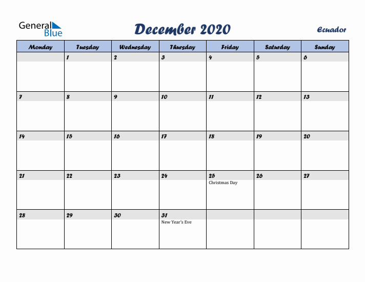 December 2020 Calendar with Holidays in Ecuador