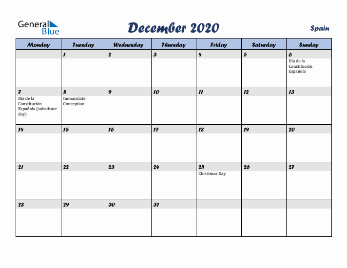 December 2020 Calendar with Holidays in Spain