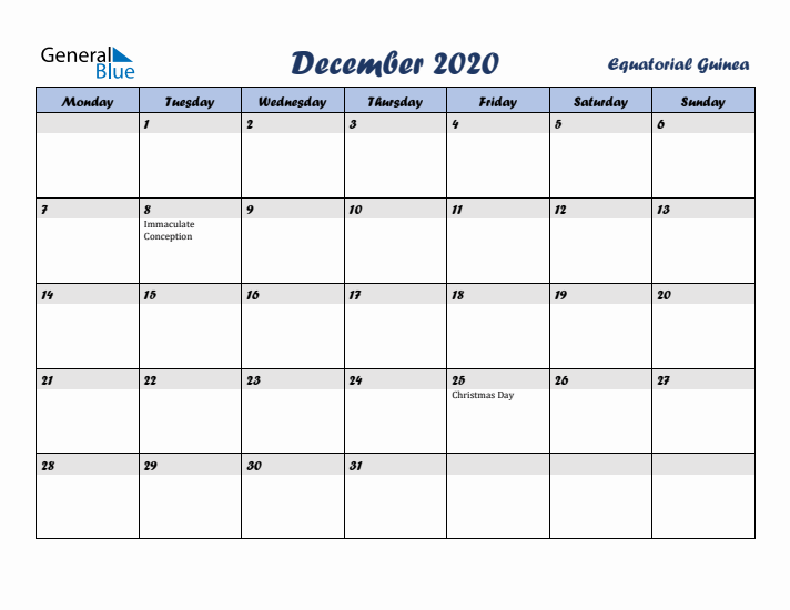 December 2020 Calendar with Holidays in Equatorial Guinea