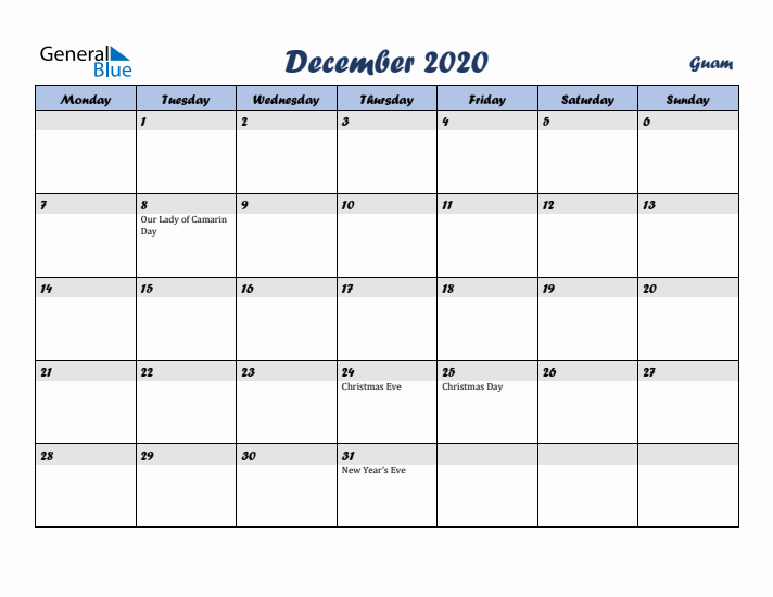 December 2020 Calendar with Holidays in Guam
