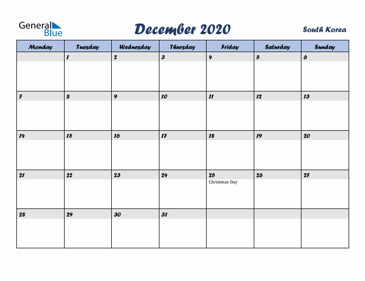 December 2020 Calendar with Holidays in South Korea