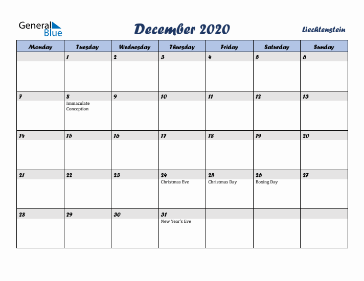 December 2020 Calendar with Holidays in Liechtenstein