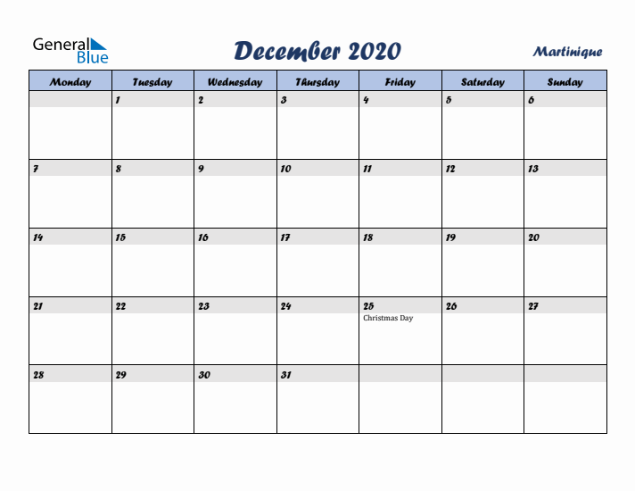 December 2020 Calendar with Holidays in Martinique