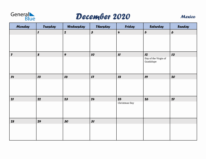December 2020 Calendar with Holidays in Mexico