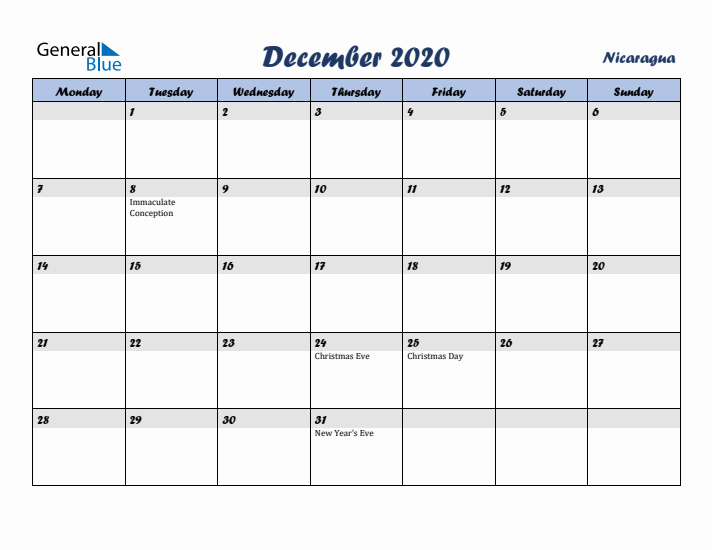 December 2020 Calendar with Holidays in Nicaragua