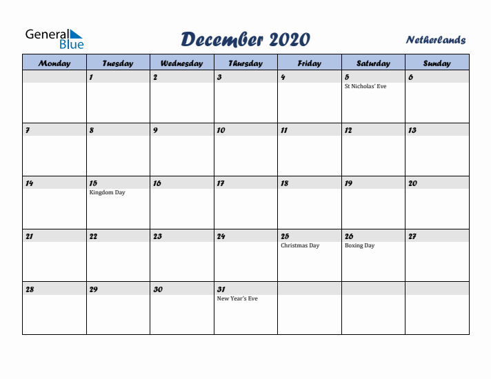 December 2020 Calendar with Holidays in The Netherlands