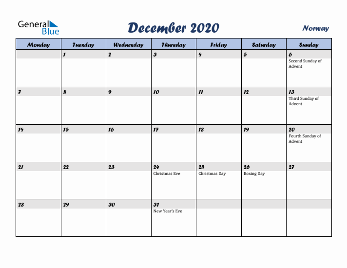 December 2020 Calendar with Holidays in Norway