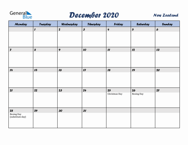 December 2020 Calendar with Holidays in New Zealand