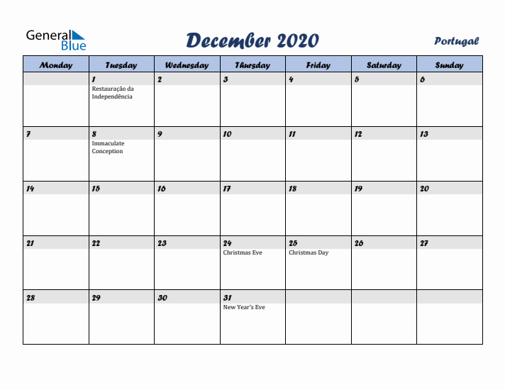 December 2020 Calendar with Holidays in Portugal