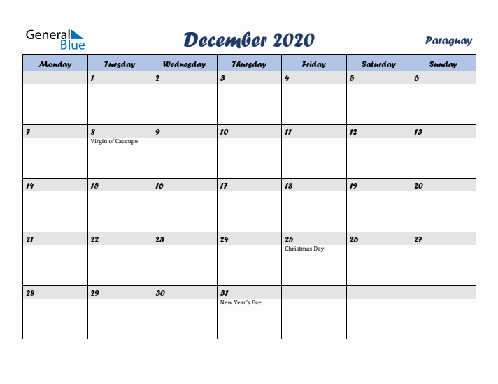 December 2020 Calendar with Holidays in Paraguay