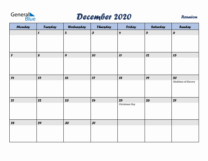 December 2020 Calendar with Holidays in Reunion