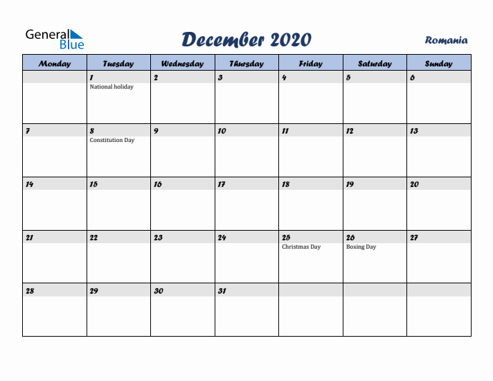 December 2020 Calendar with Holidays in Romania