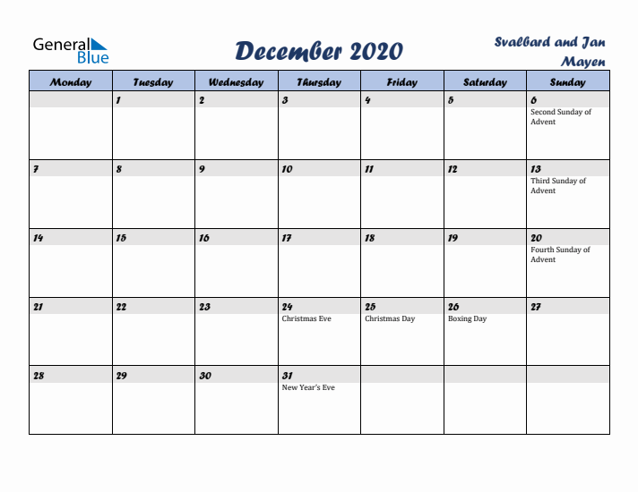 December 2020 Calendar with Holidays in Svalbard and Jan Mayen