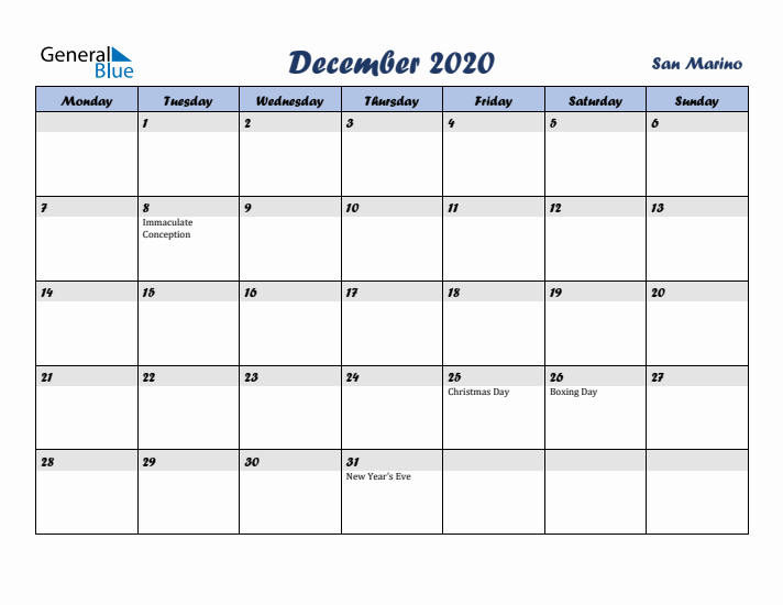 December 2020 Calendar with Holidays in San Marino