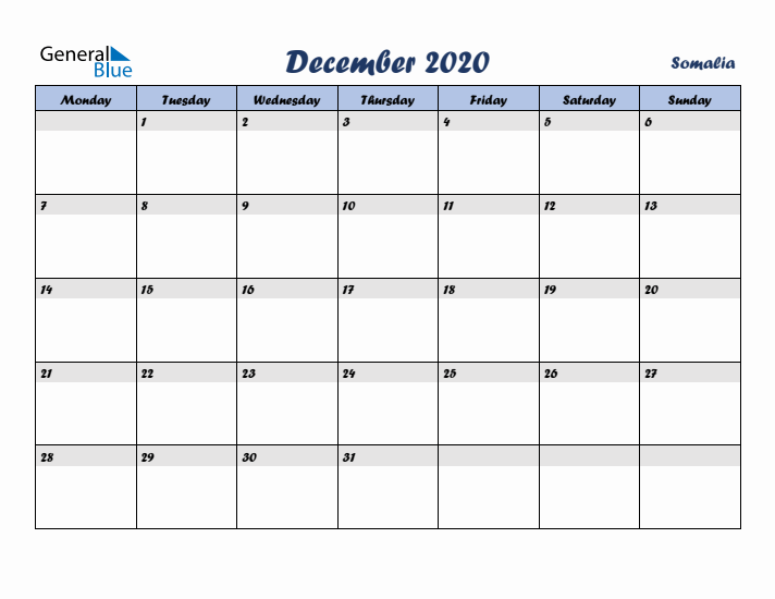 December 2020 Calendar with Holidays in Somalia