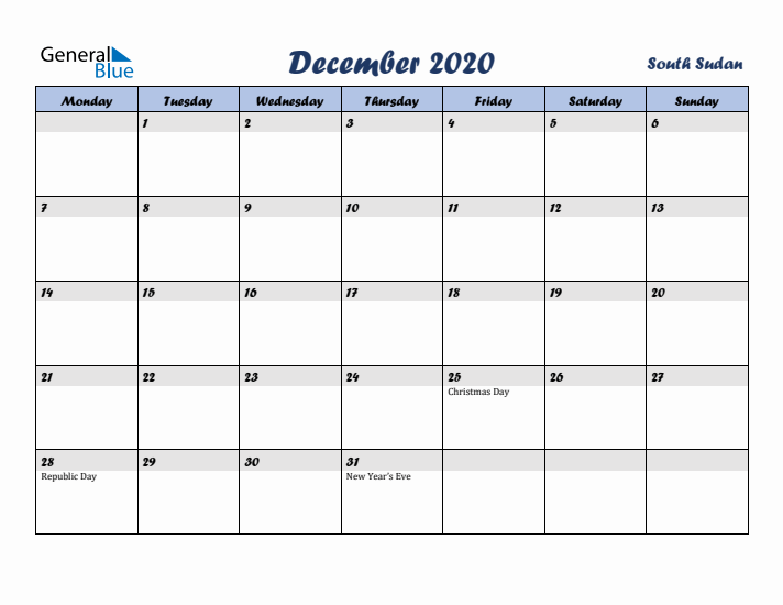 December 2020 Calendar with Holidays in South Sudan
