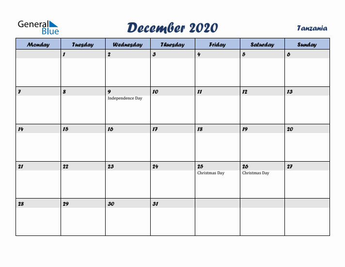 December 2020 Calendar with Holidays in Tanzania