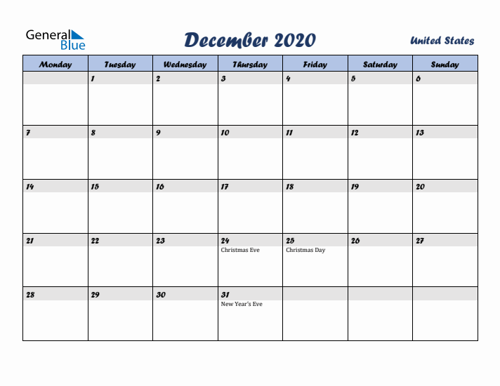 December 2020 Calendar with Holidays in United States