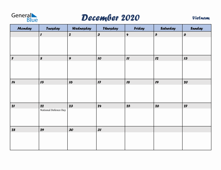 December 2020 Calendar with Holidays in Vietnam