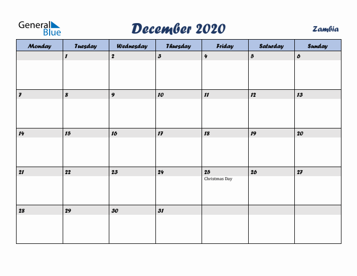 December 2020 Calendar with Holidays in Zambia