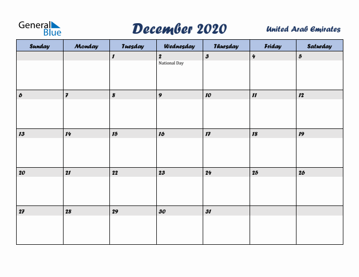 December 2020 Calendar with Holidays in United Arab Emirates