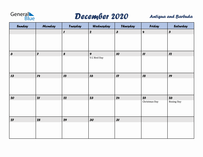 December 2020 Calendar with Holidays in Antigua and Barbuda