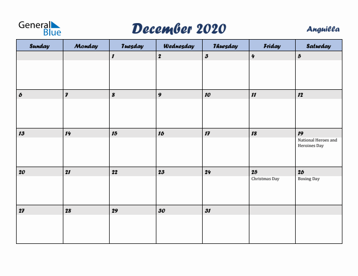 December 2020 Calendar with Holidays in Anguilla