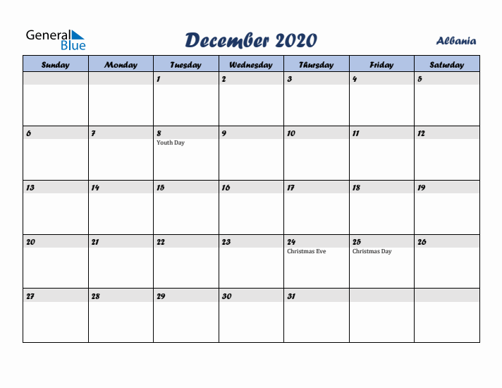 December 2020 Calendar with Holidays in Albania