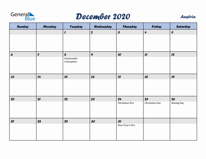 December 2020 Calendar with Holidays in Austria