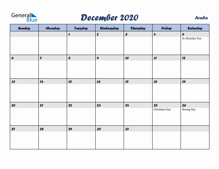 December 2020 Calendar with Holidays in Aruba