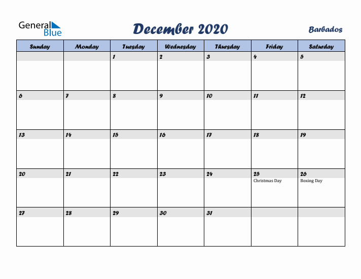 December 2020 Calendar with Holidays in Barbados