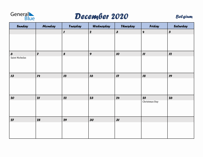 December 2020 Calendar with Holidays in Belgium