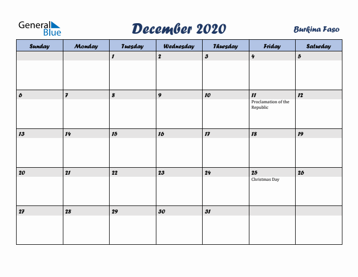 December 2020 Calendar with Holidays in Burkina Faso