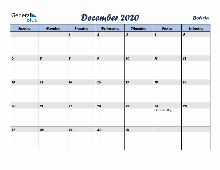 December 2020 Calendar with Holidays in Bolivia