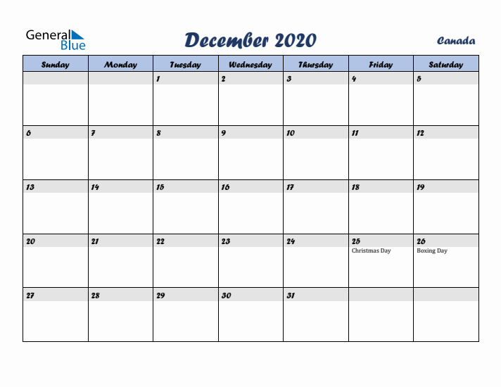 December 2020 Calendar with Holidays in Canada