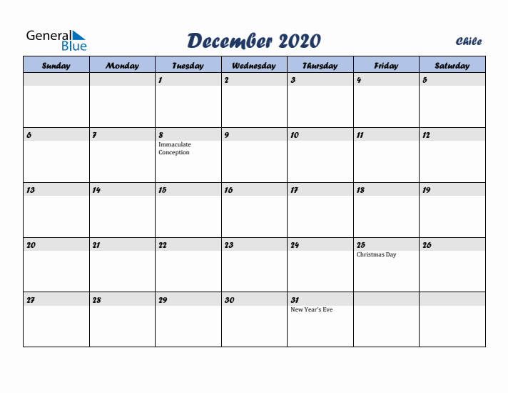 December 2020 Calendar with Holidays in Chile
