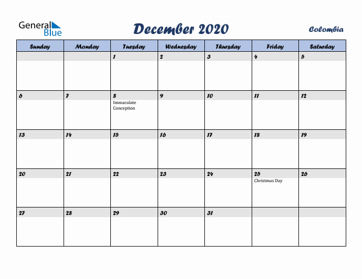 December 2020 Calendar with Holidays in Colombia