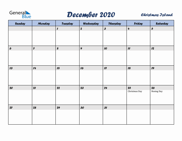 December 2020 Calendar with Holidays in Christmas Island