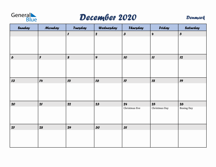 December 2020 Calendar with Holidays in Denmark
