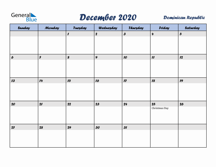 December 2020 Calendar with Holidays in Dominican Republic