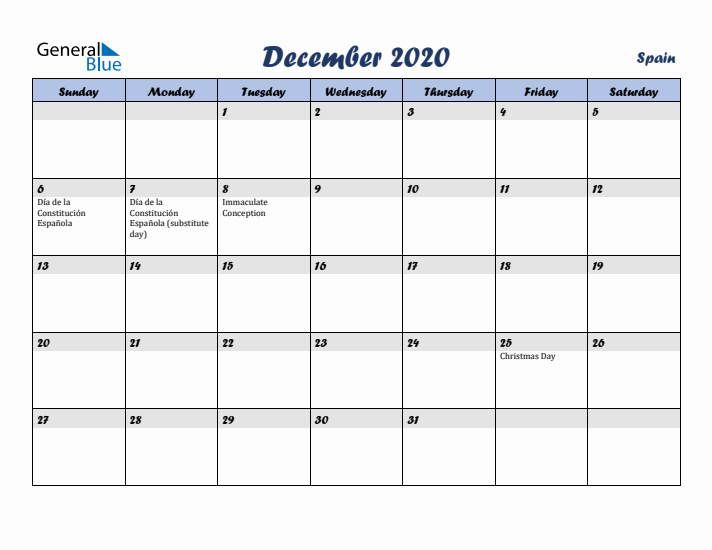 December 2020 Calendar with Holidays in Spain