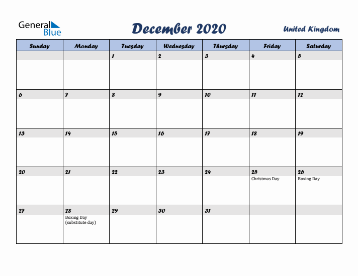 December 2020 Calendar with Holidays in United Kingdom