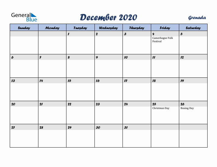 December 2020 Calendar with Holidays in Grenada