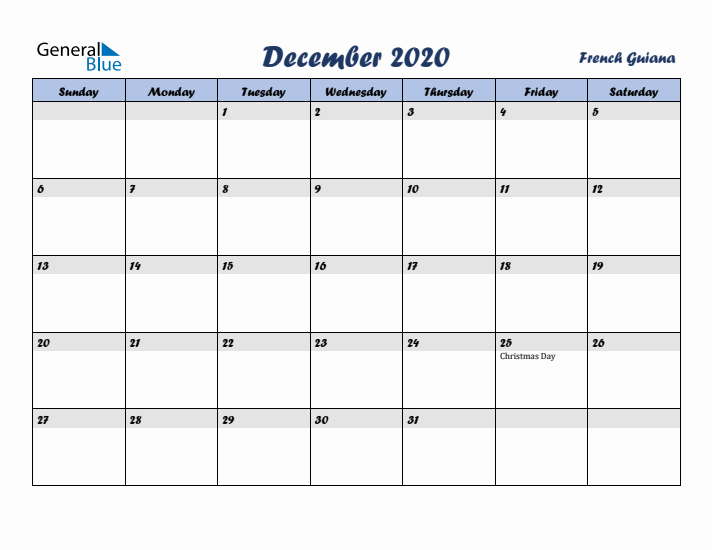 December 2020 Calendar with Holidays in French Guiana
