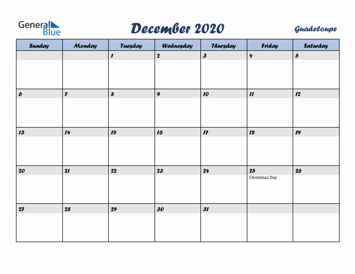December 2020 Calendar with Holidays in Guadeloupe