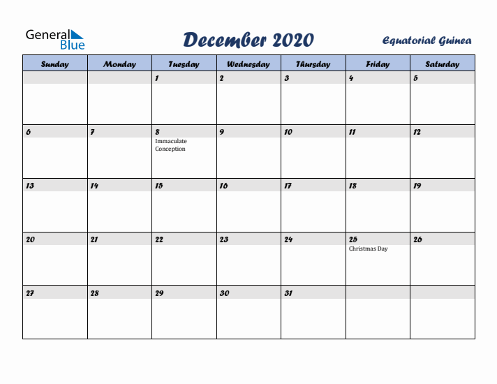 December 2020 Calendar with Holidays in Equatorial Guinea