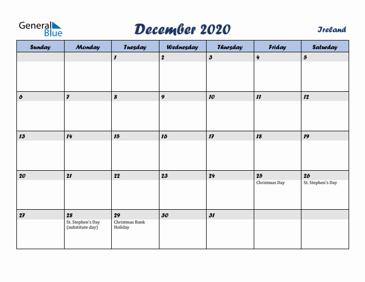 December 2020 Calendar with Holidays in Ireland