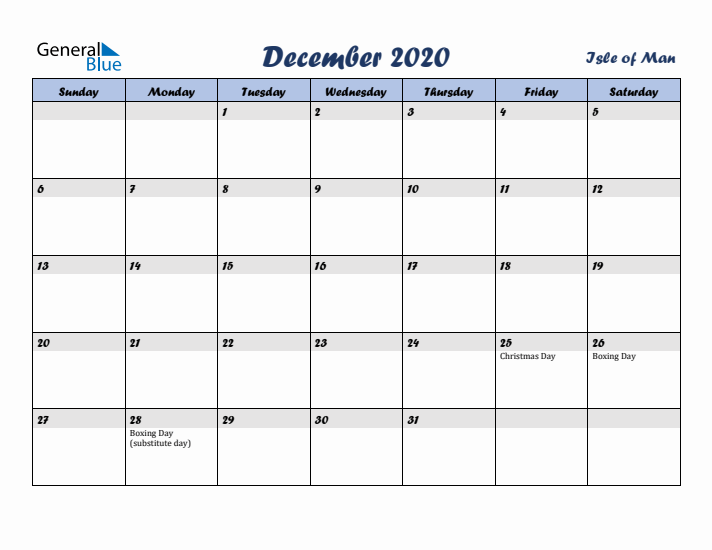 December 2020 Calendar with Holidays in Isle of Man