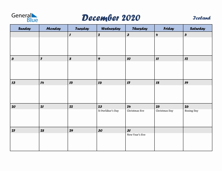 December 2020 Calendar with Holidays in Iceland