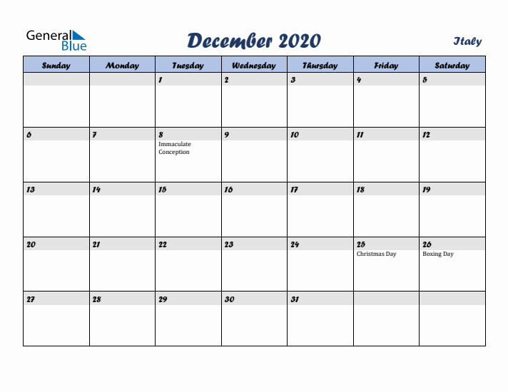 December 2020 Calendar with Holidays in Italy